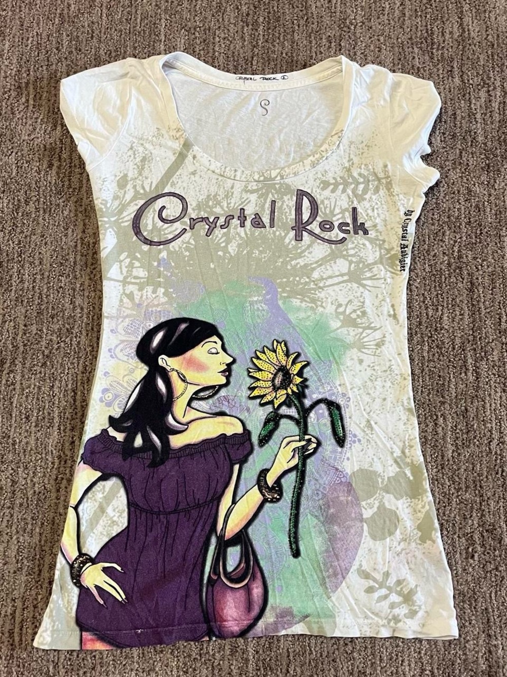 Women's Crystal Rock White Graphic Tee with Purple Illustration